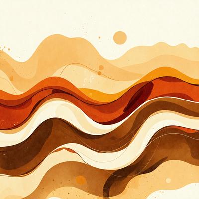 The primary subject of the image is a colorful, abstract painting featuring a mix of brown, white, and orange colors. The painting is set against a white background, giving it a clean and modern appearance. The visual style of the painting is a combination of digital art and illustration, creating a unique and eye-catching piece of art. The dominant colors in the painting are brown, white, and orange, which together evoke a sense of warmth and vibrancy.